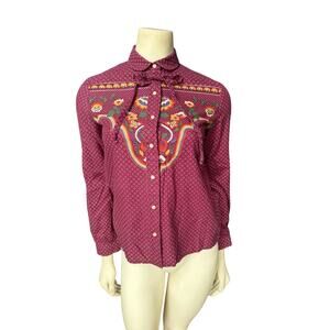 Vintage 1960s 1970s Rodeo Western Floral Retro Cotton Blouse Bubbles S 4 6 M